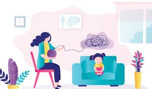 Girl kid at consultation with psychologist. Doctor is talking with teenager. Psychoanalysis, professional solves mental problems. Room interior. Female characters in trendy style. Vector illustration