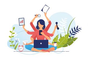 Freelancer girl with many hands sits in the Yoga lotus position and doing several actions at the same time. Multitasking. Vector illustration concept of businesswoman practicing meditation. Cat